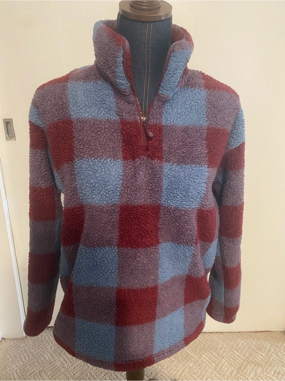 Eddie Bauer Sherpa Zip-Up Pullover in Light Blue and Burgundy